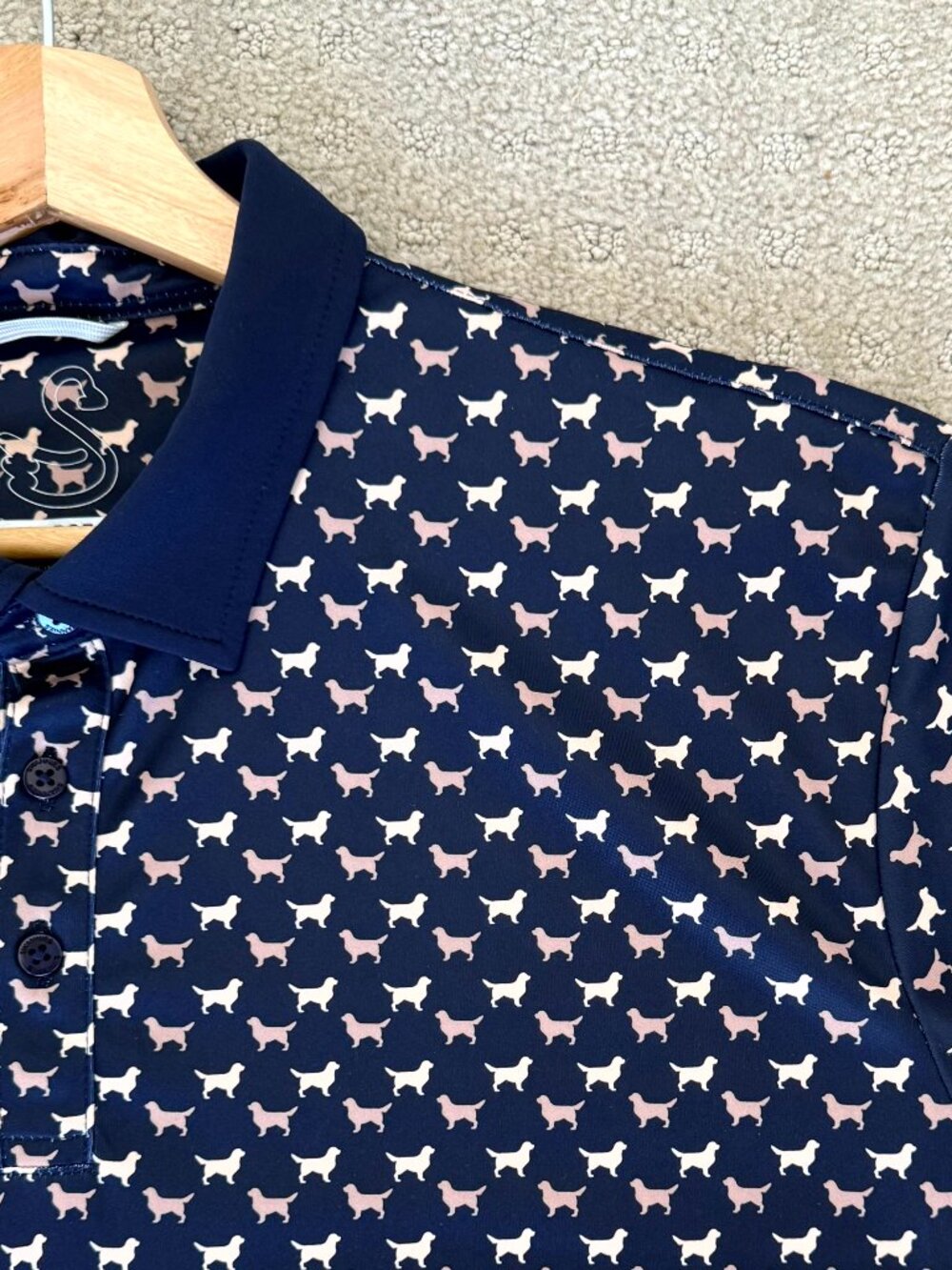 Swannies Golf Navy Blue Golden Retriever Dog Print Golf Polo Shirt Size Large L